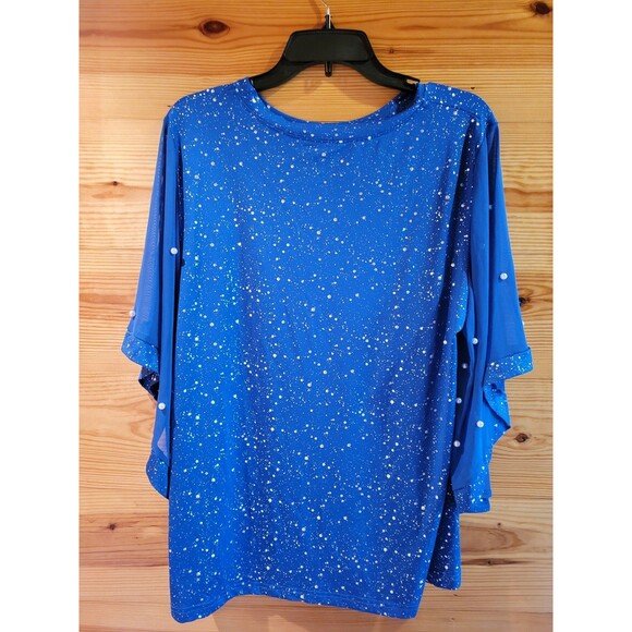 EUC Cobalt Blue Shimmering Top with Pearl Accents on Sleeves, 2XL - Picture 4 of 7
